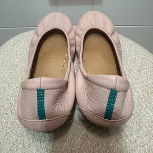 Tieks Pink Leather Flats with Teal Heel Tab